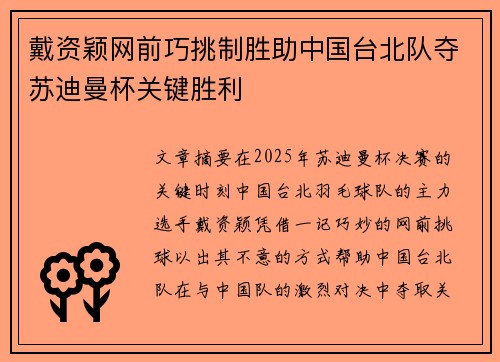 戴资颖网前巧挑制胜助中国台北队夺苏迪曼杯关键胜利