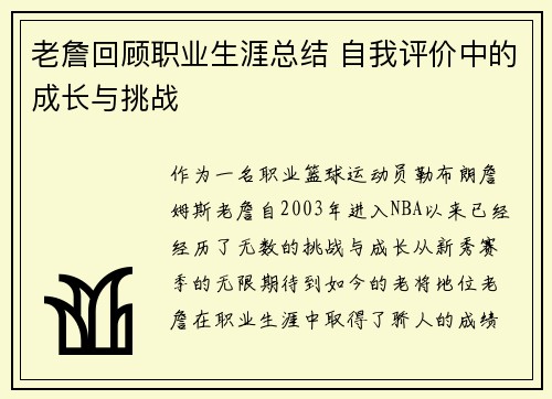 老詹回顾职业生涯总结 自我评价中的成长与挑战