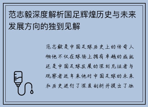范志毅深度解析国足辉煌历史与未来发展方向的独到见解