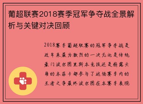 葡超联赛2018赛季冠军争夺战全景解析与关键对决回顾